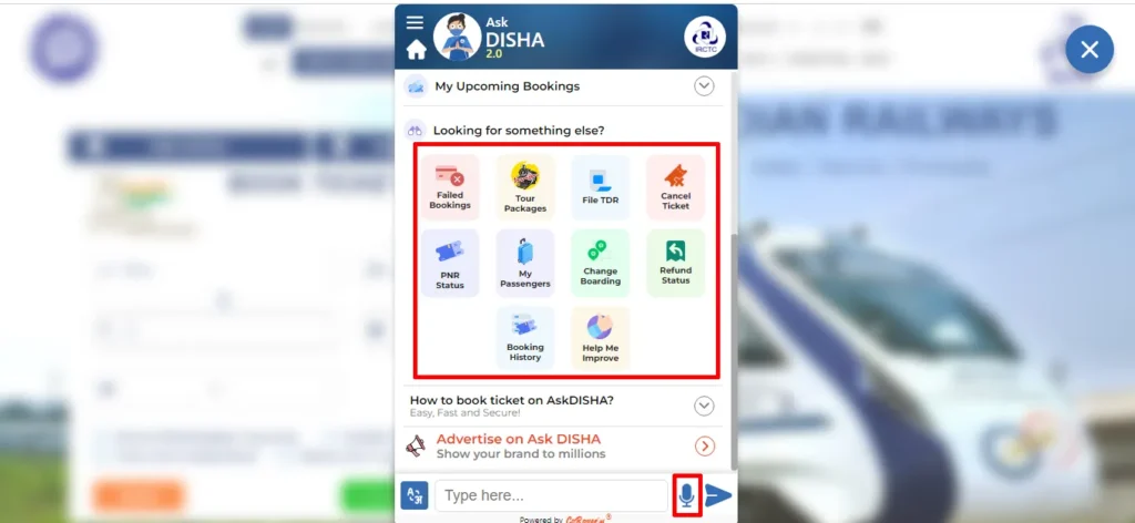 Ask Disha 2.0 Provided Field Booking, Tour Package, File TDR and more Facilities and Voice Telling Options